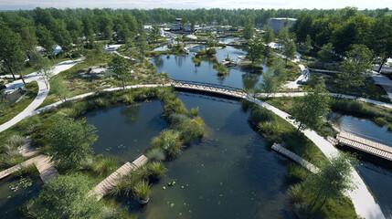 A scenic view of a park with multiple ponds and meandering pathways, complete with trees and bridges, blending nature and architecture.