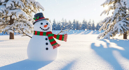 Obraz premium Snowman wearing hat and scarf in snowy winter forest landscape