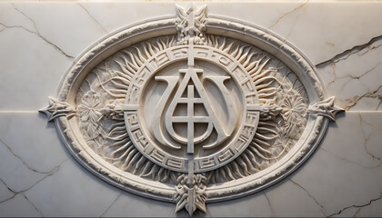 Intricate Carved Emblem on Marble Wall with Ornate Details in Neutral Tones