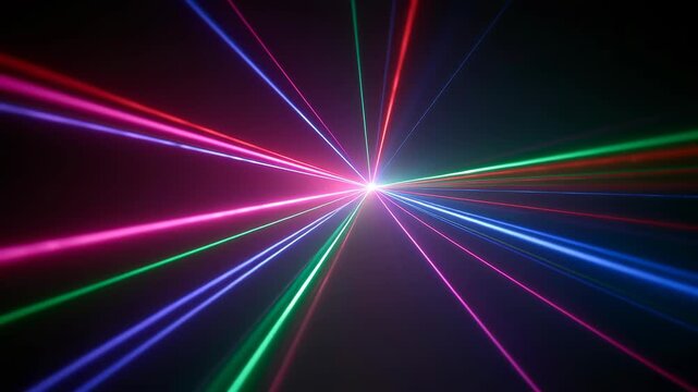 A stunning display of colored laser beams, converging towards a central point and emanating outwards with radiant intensity, showcasing the wonders of light and technology. Seamless looping video.