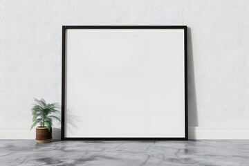 Square Blank Frame Mockup with Plant on Marble Floor &ndash; Minimal Interior Design