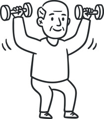 Line art illustration of an elderly man lifting dumbbells, promoting fitness and healthy aging in a cheerful style.