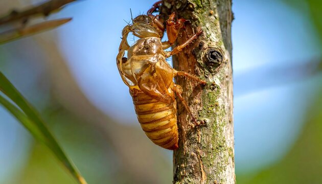 Close-up of cicada exuvia clinging to a tree trunk