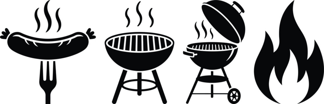 Grill and barbecue icons: sausage, charcoal grill, fire flame