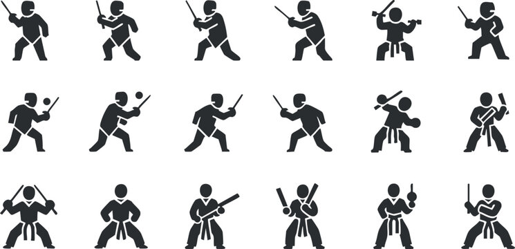 Collection of black silhouette vector icons depicting various martial arts poses and techniques for sports and fitness design