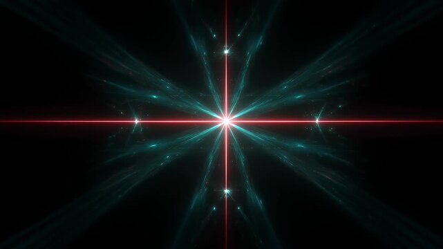 An abstract and mesmerizing fractal design. The artwork features a glowing, starburst pattern, with ethereal light rays radiating outward against a dark void. Seamless looping video. - Powered by Adobe