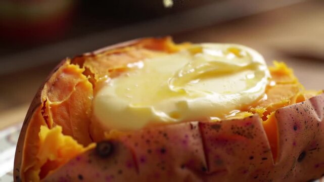 Fork spreads butter on baked sweet potato in kitchen, for food blogs or recipes, with blurred background