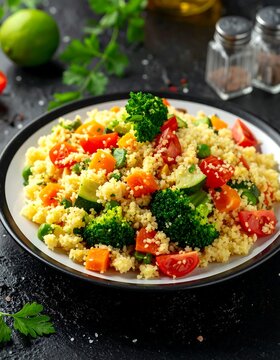 Close-up of couscous salad with vegetables on plate, seasonings nearby