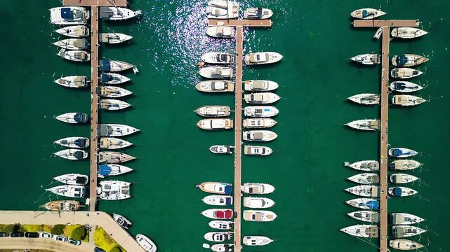 Aerial view of boats lined neatly at Oren Marina, their white hulls contrasting against the turquoise water, creating a picturesque scene, Oren, Mugla, Turkiye.