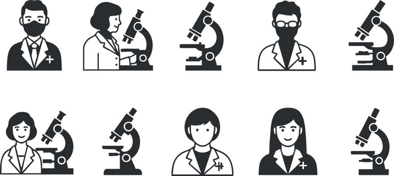 Flat vector illustration set of diverse scientists with microscopes, ideal for medical and educational branding projects