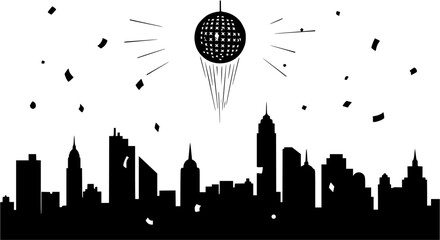 Black and white new year's eve ball drop over a cityscape silhouette with confetti falling down
