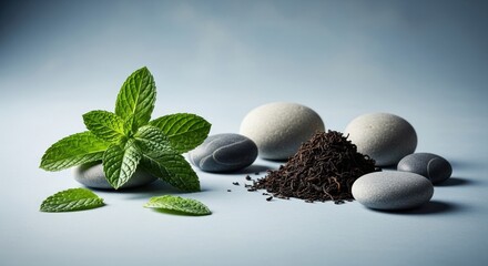 Fresh basil leaves pebbles and spices arranged artfully for culinary inspiration and serenity
