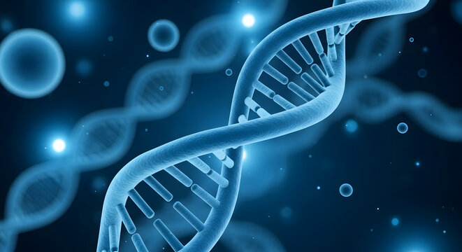 Close up of a glowing blue dna double helix structure with abstract cellular elements in the background