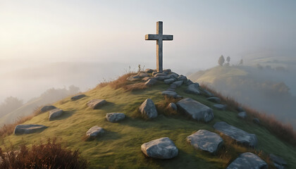 Stone Cross on Hilltop Surrounded by Mist in Peaceful Landscape