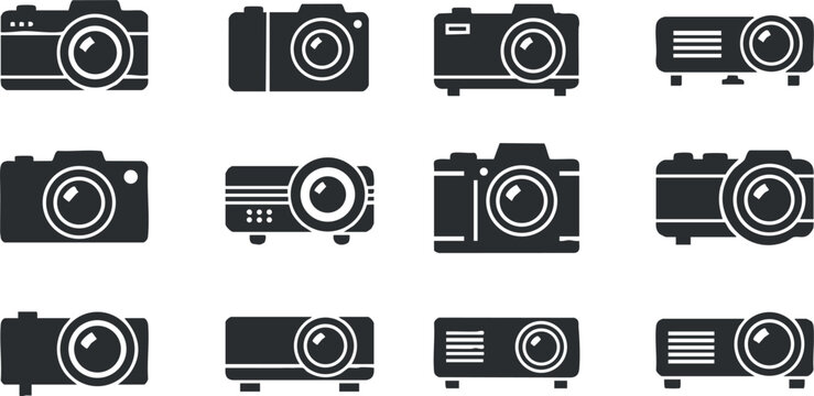 Vector icon set featuring various camera and projector illustrations in a minimalist black and white style for design and branding projects