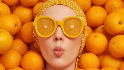 Girl with orange sunglasses surrounded by fresh oranges radiating positive energy in a vibrant setting
