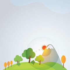 Obraz premium Minimalist landscape illustration with trees, mountain, and sun Vector