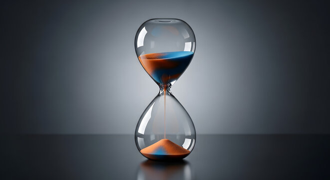 Close up of a glass hourglass with orange and blue sand flowing against a dark background