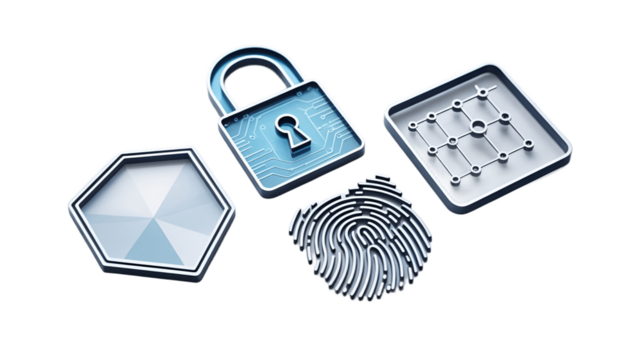 Conceptual representation of digital security with a lock, a fingerprint, a circuit board, and a hexagon.