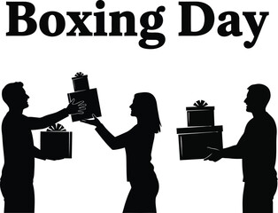 Boxing Day celebration concept with silhouette of people exchanging gift boxes
