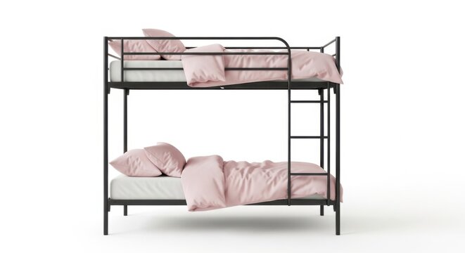 Modern black metal bunk bed with pink bedding and white mattresses