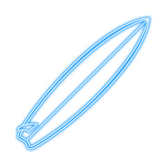 Illustration of a surfboard with a glowing blue outline, isolated on a white background, featuring a single fin.