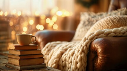 Cozy Winter Reading Nook Background: Steaming Coffee Cup on Stack of Vintage Books and Chunky Knit Wool Blanket on Leather Chair with Warm Golden Bokeh Lights for Hygge Relaxation Concept