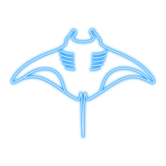 A glowing blue neon outline of a manta ray, isolated on a white background, showing its distinctive shape.