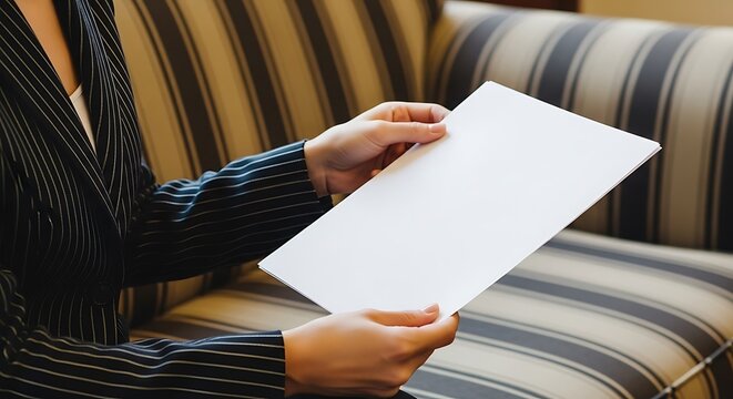 Closeup of a persons hands holding a blank white piece of paper, ready for text or design, while sitting on a striped couch