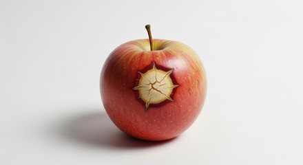 A single red and yellow apple with a unique star-shaped carving and cracks on its side against a white background.