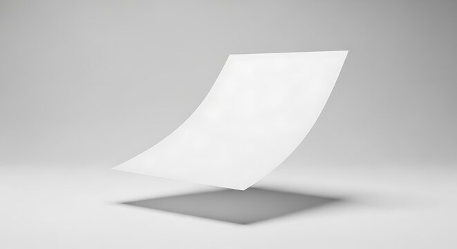 A single blank white paper sheet floating and bending in midair with a subtle shadow on a clean white studio background, isolated on white background