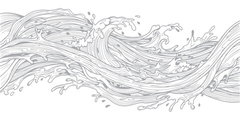 Fototapeta premium Stylized ocean waves pattern, flowing water current, sea surface line art design.