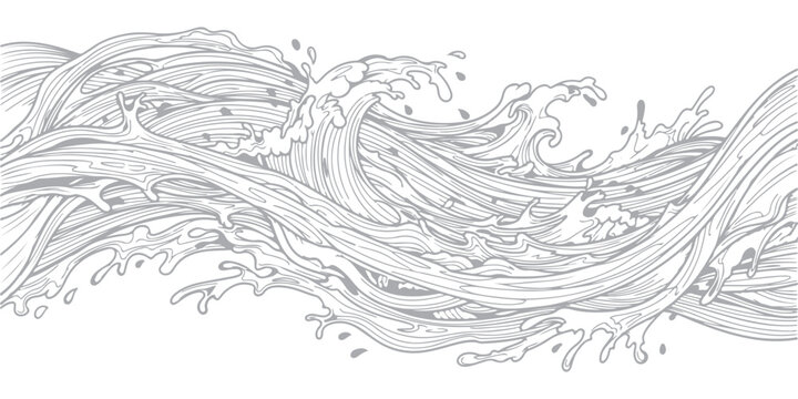 Stylized ocean waves pattern, flowing water current, sea surface line art design.