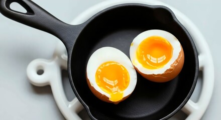 Healthy soft-boiled eggs in cast-iron pan for protein-rich breakfast and sustainable wellness lifestyle inspiration