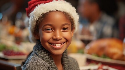 Portrait of smiling African American girl wearing Santa hat celebrating holiday meal with family