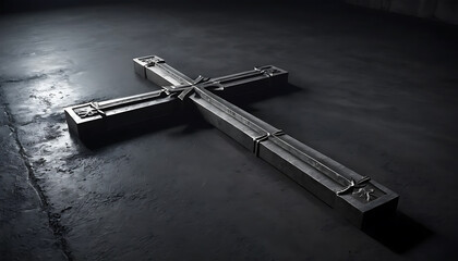 Metal Cross on Dark Floor with Dramatic Lighting in Worship Space