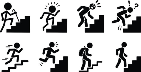 Naklejka premium People climbing and descending stairs, showing various efforts and emotions