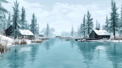 Fototapeta premium Serene Winter Lake with Snow-Covered Cabins and Pine Forest