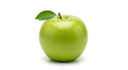 A single fresh green apple with a small leaf on its stem, isolated on a clean white background.