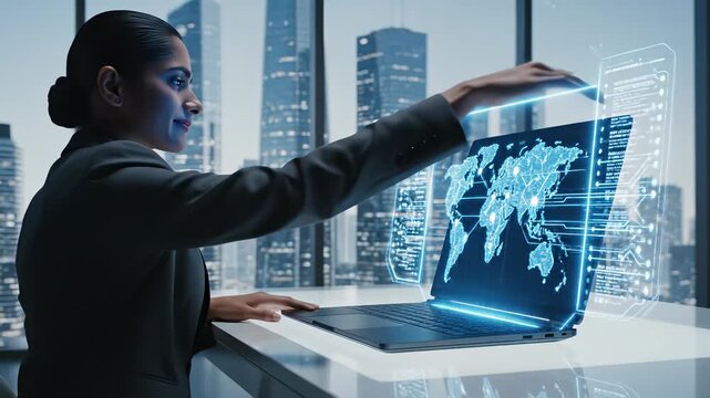 Businesswoman pointing to laptop screen with cityscape and futuristic heart, embodying cutting edge technology and innovative thinking, perfect for illustrating futuristic business solutions or. - Powered by Adobe