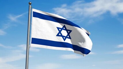 Waving flag of Israel on a vibrant blue sky background, a symbol of national pride and identity