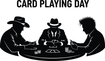 Black illustration for card-playing day showing three men in silhouette around a table with cards