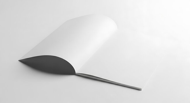 Angled view of an open blank magazine or brochure with white pages, ready for custom design or content, isolated on white background