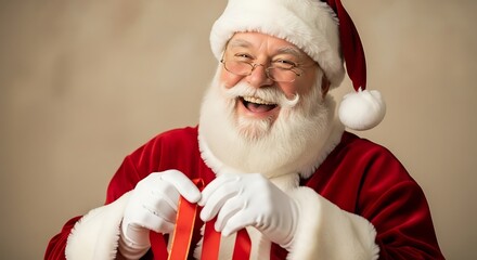 A cheerful Santa Claus with a white beard laughing while holding a Christmas present.