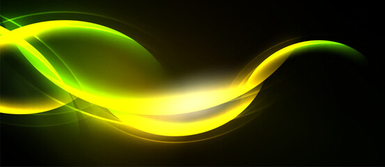 Bright yellow, green light curves flow across black background. Dynamic energy radiates from central glow. Smooth shapes suggest movement.