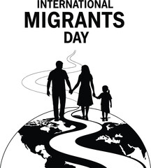 International Migrants Day concept with a family silhouette walking a path over the globe