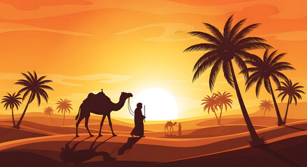 Desert travelers, camels, palm trees, golden sunset illustration