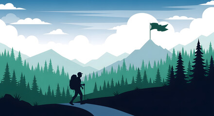 Hiker walking up a mountain path towards a flag on the summit