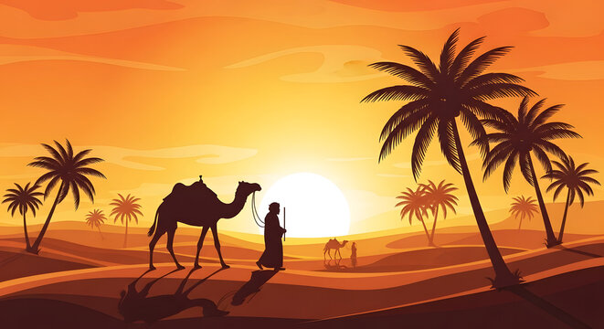 Desert travelers, camels, palm trees, golden sunset illustration - Powered by Adobe