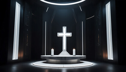 Modern Dark Church Interior with Illuminated Cross and Candles for Spiritual or Religious Content